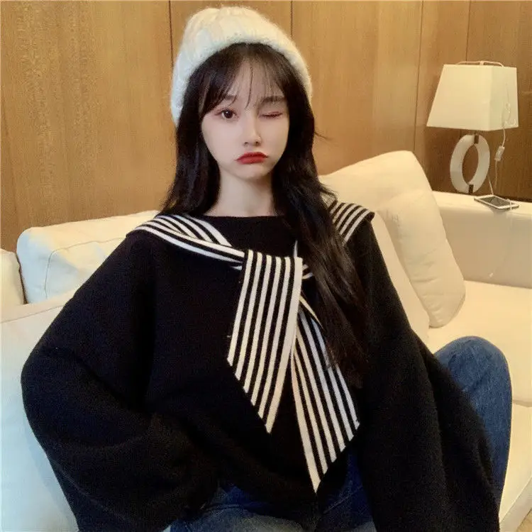 Women's Black Bow Neck Velvet Sweater Autumn Winter 2021 — feature 24