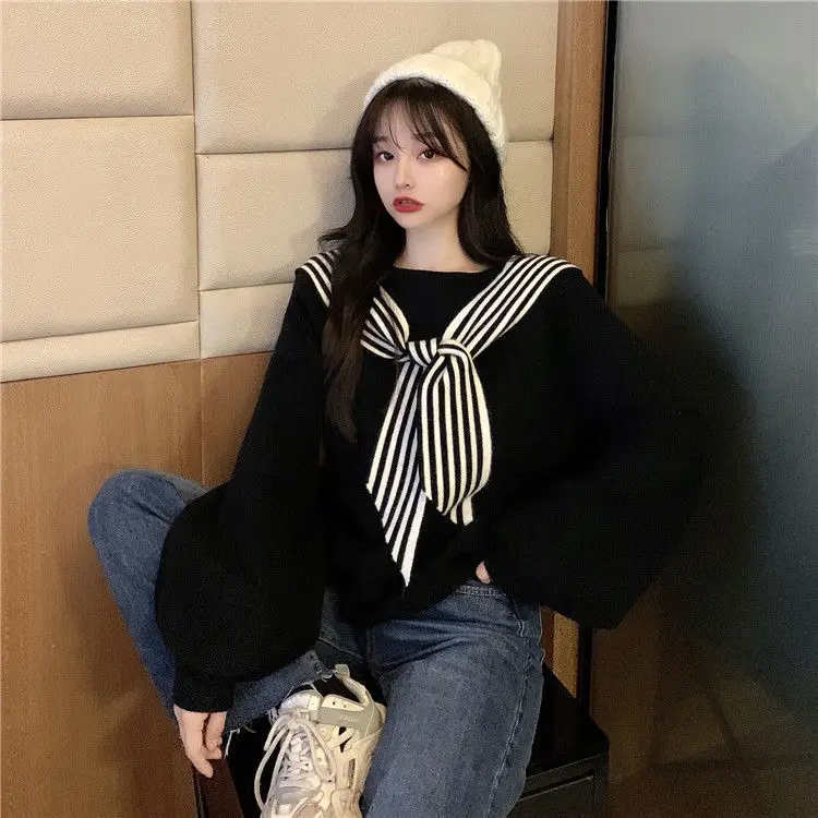 Women's Black Bow Neck Velvet Sweater Autumn Winter 2021 — feature 25