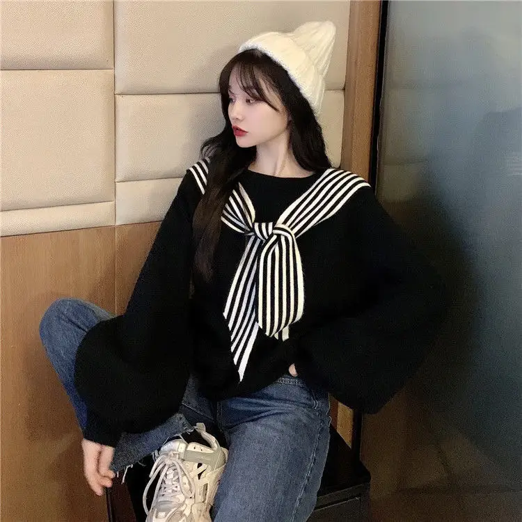 Women's Black Bow Neck Velvet Sweater Autumn Winter 2021 — feature 26