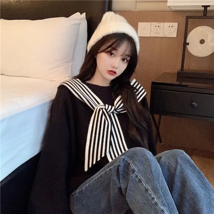 Women's Black Bow Neck Velvet Sweater Autumn Winter 2021 — feature 27