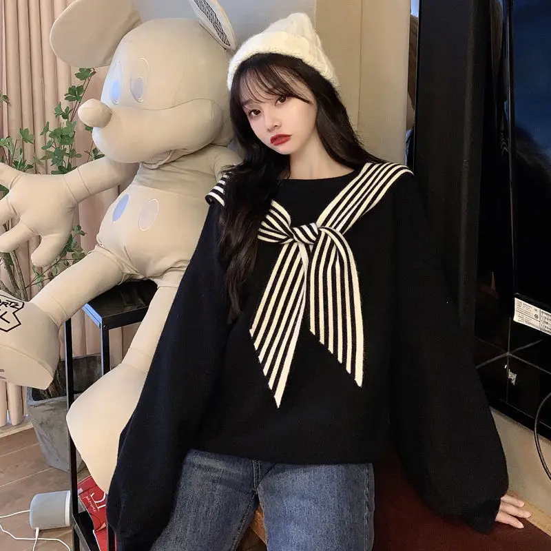 Women's Black Bow Neck Velvet Sweater Autumn Winter 2021 — feature 28