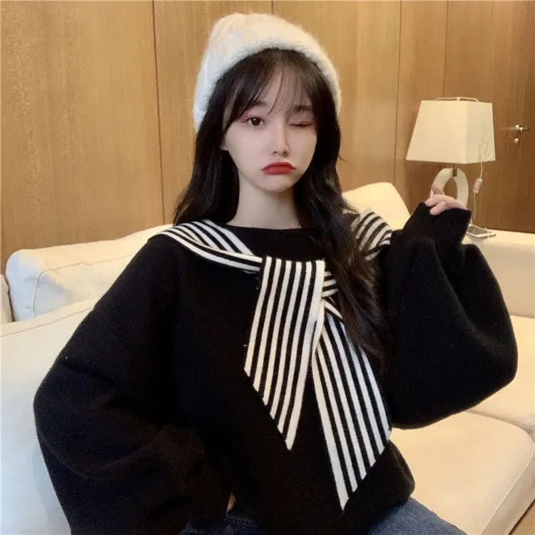 Women's Black Bow Neck Velvet Sweater Autumn Winter 2021 — feature 29