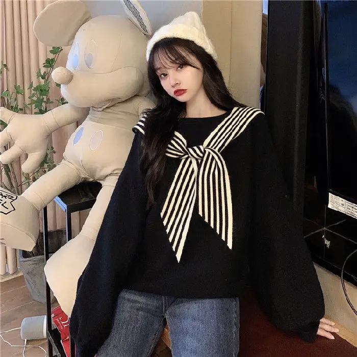 Women's Black Bow Neck Velvet Sweater Autumn Winter 2021 - Image 2