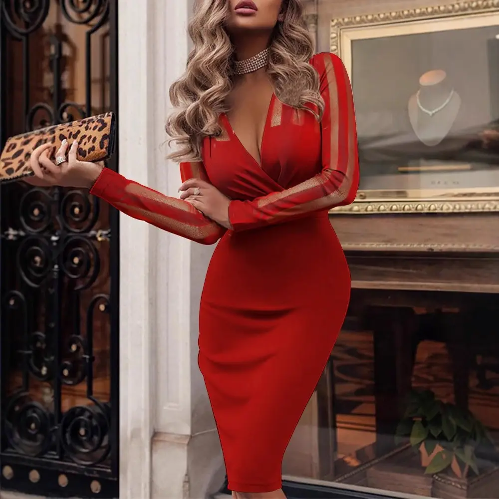 2025 Women's Dress Deep V Pleated Sequin Mesh Bodycon - Image 3