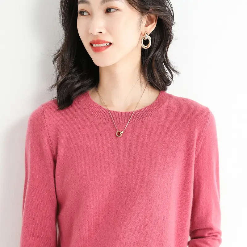 Women's Knitted Wool Viscose Round Neck Sweater Pink - Image 15