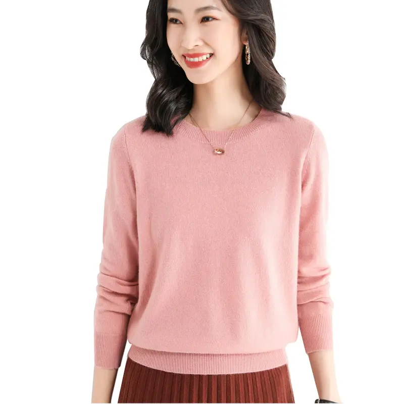 Women's Knitted Wool Viscose Round Neck Sweater Pink - Image 17