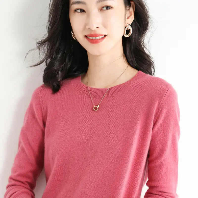 Women's Knitted Wool Viscose Round Neck Sweater Pink - Image 11
