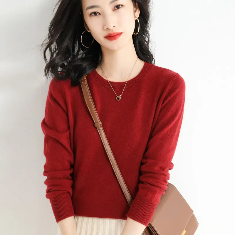 Women's Knitted Wool Viscose Round Neck Sweater Pink - Image 12