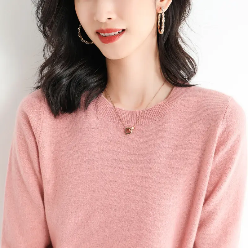 Women's Knitted Wool Viscose Round Neck Sweater Pink - Image 7