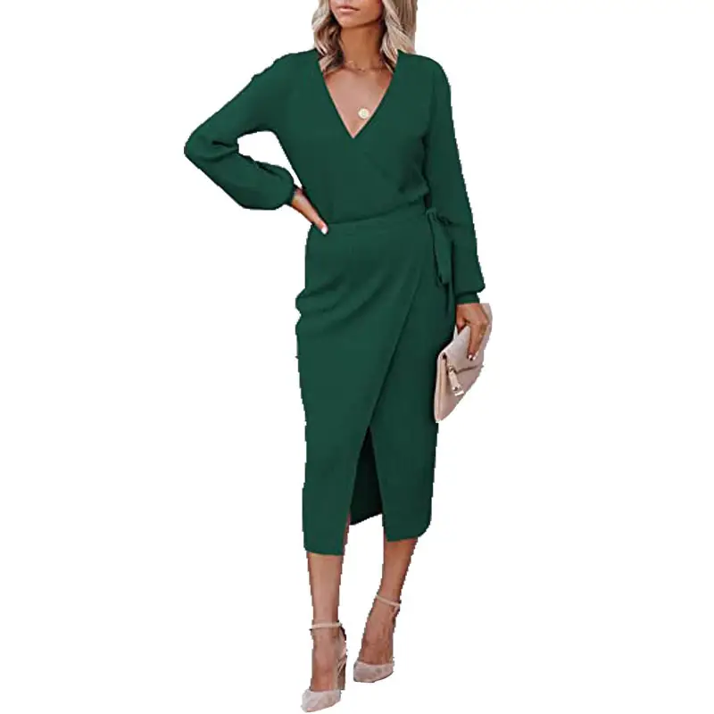 2023 Long V-Neck Knitted Dress for Women Beige