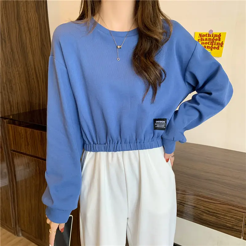 Black Long Sleeve Sweatshirt Top with Elastic Waist