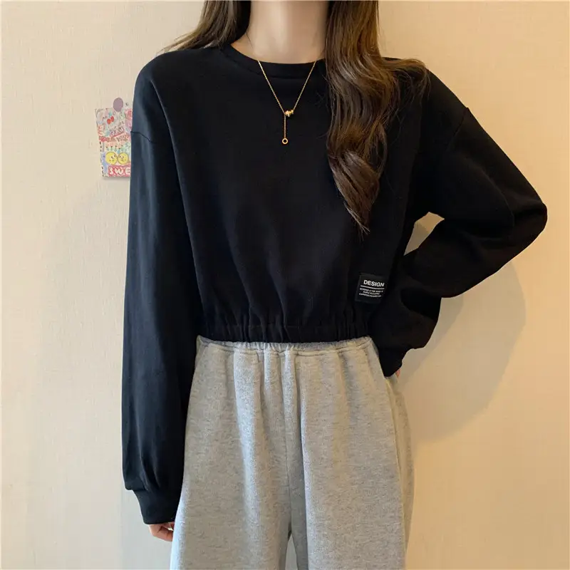 Black Long Sleeve Sweatshirt Top with Elastic Waist — feature 10