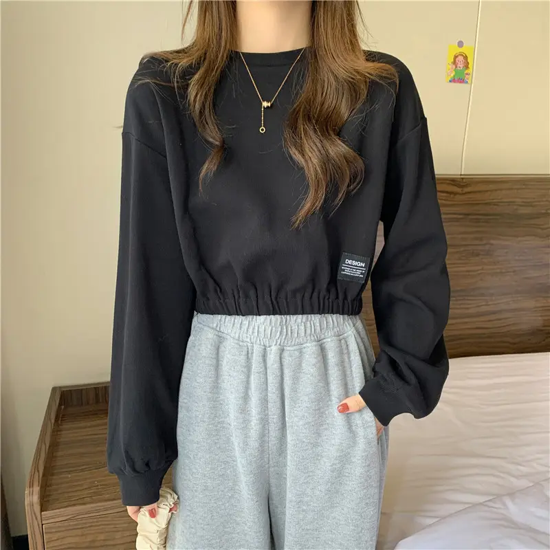 Black Long Sleeve Sweatshirt Top with Elastic Waist — feature 11