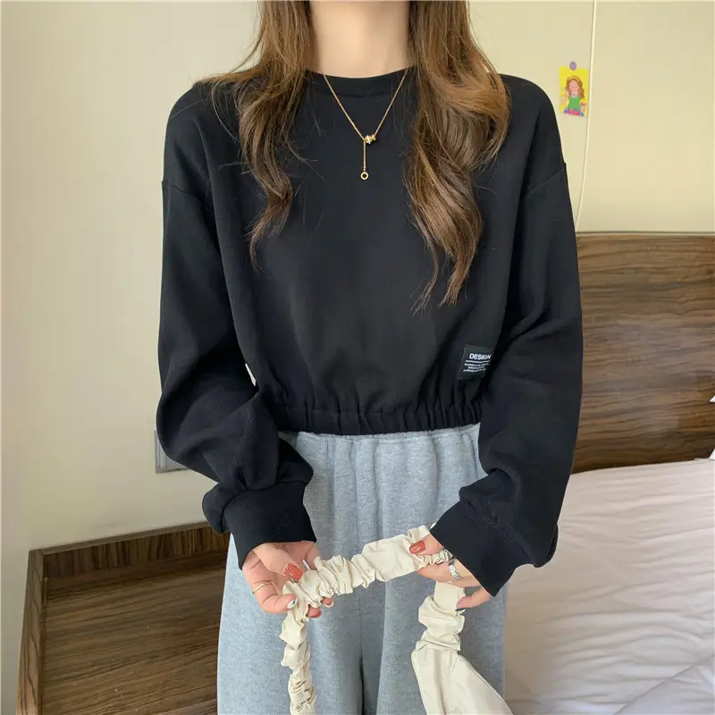 Black Long Sleeve Sweatshirt Top with Elastic Waist — feature 12