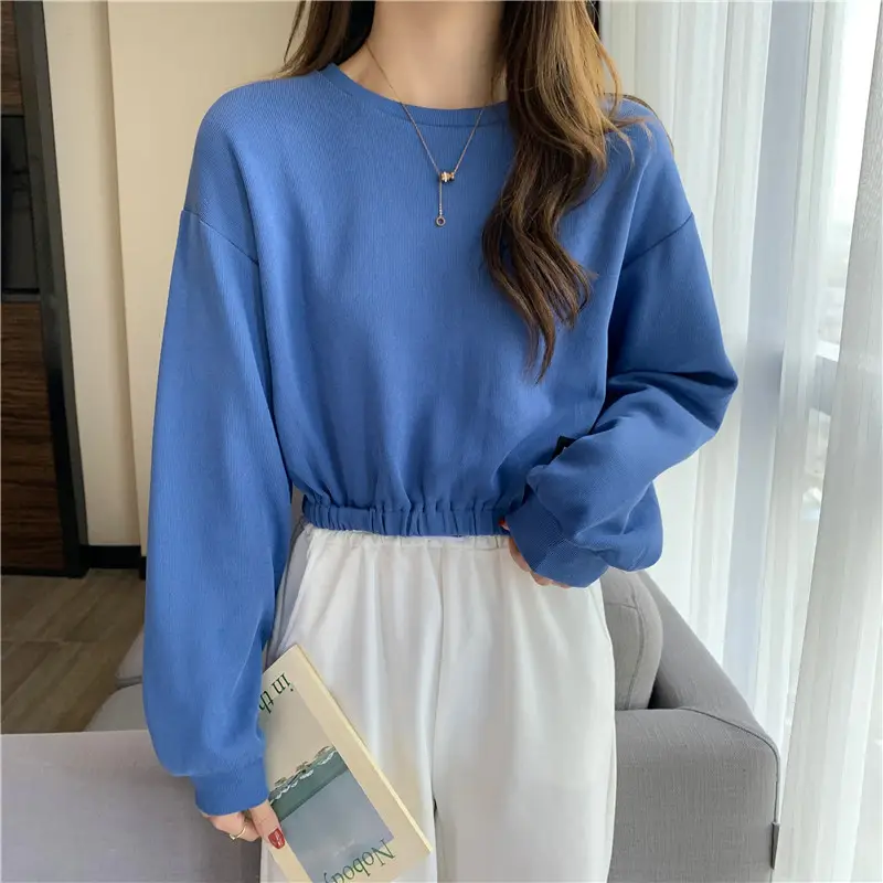 Black Long Sleeve Sweatshirt Top with Elastic Waist — feature 13