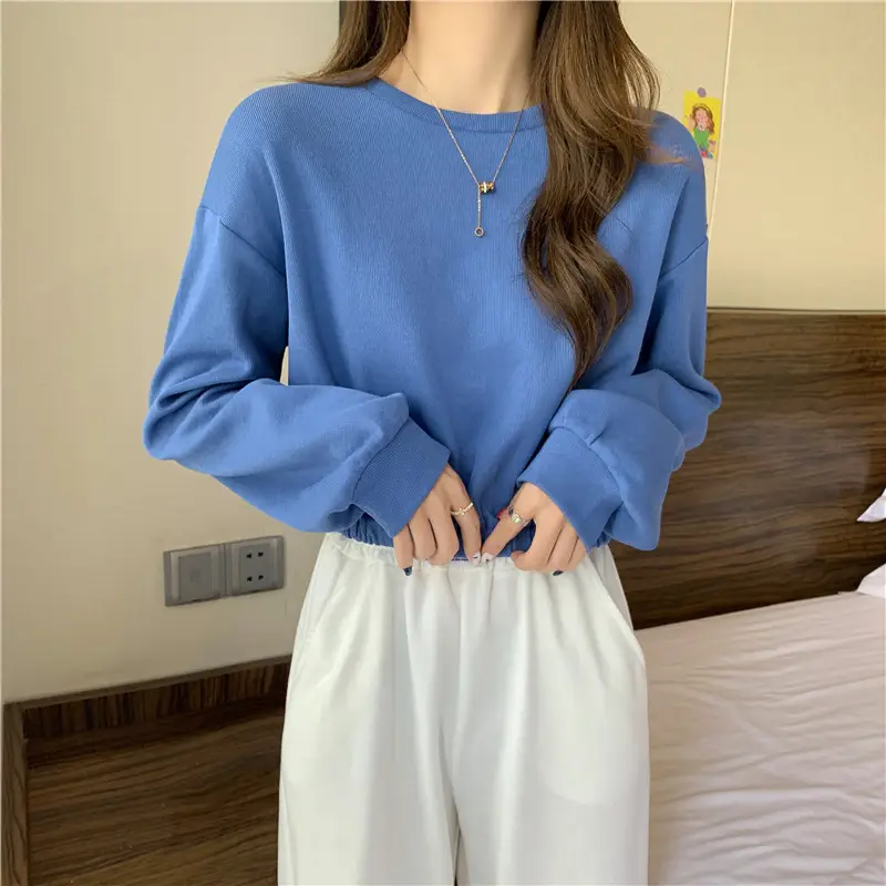 Black Long Sleeve Sweatshirt Top with Elastic Waist — feature 14