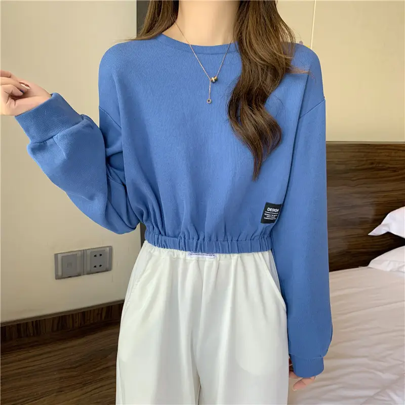 Black Long Sleeve Sweatshirt Top with Elastic Waist — feature 15