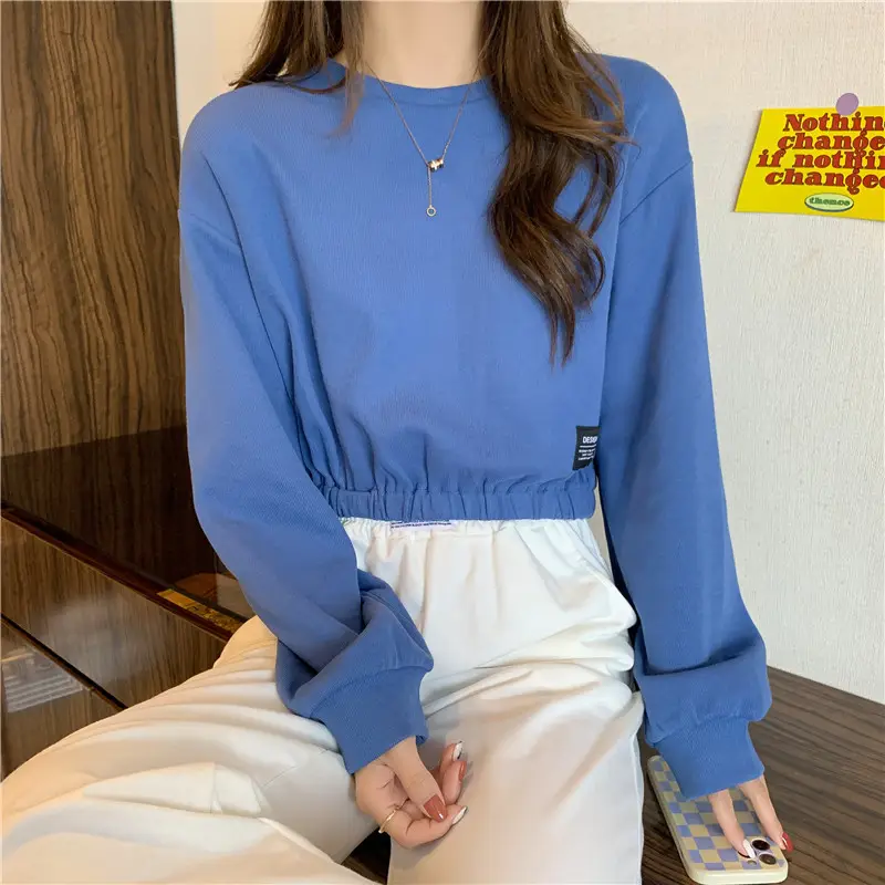 Black Long Sleeve Sweatshirt Top with Elastic Waist — feature 16