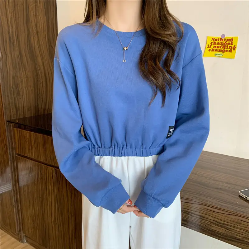 Black Long Sleeve Sweatshirt Top with Elastic Waist — feature 18