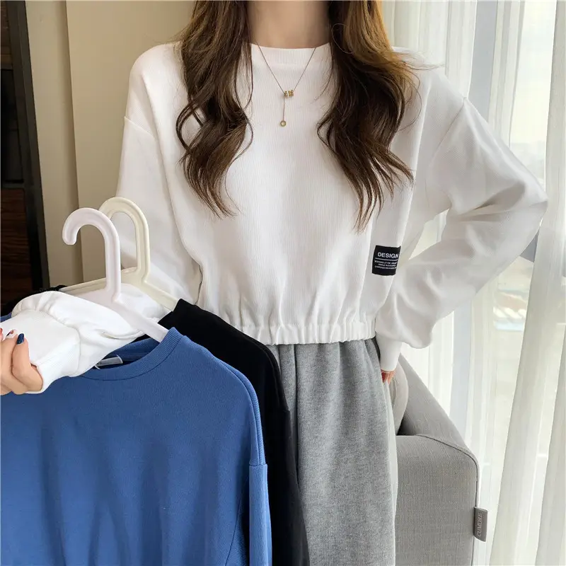 Black Long Sleeve Sweatshirt Top with Elastic Waist — feature 2