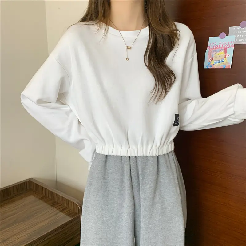 Black Long Sleeve Sweatshirt Top with Elastic Waist — feature 3