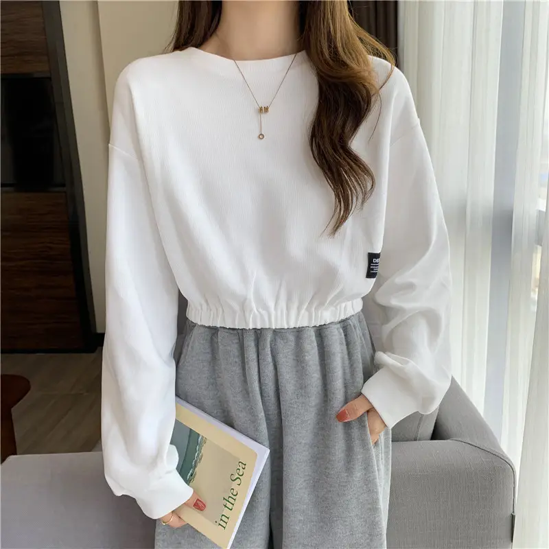 Black Long Sleeve Sweatshirt Top with Elastic Waist — feature 6
