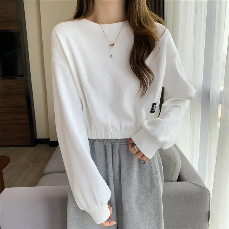 Black Long Sleeve Sweatshirt Top with Elastic Waist — feature 7