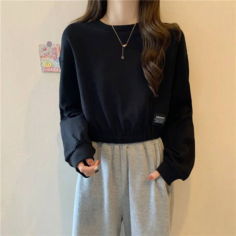 Black Long Sleeve Sweatshirt Top with Elastic Waist — feature 8