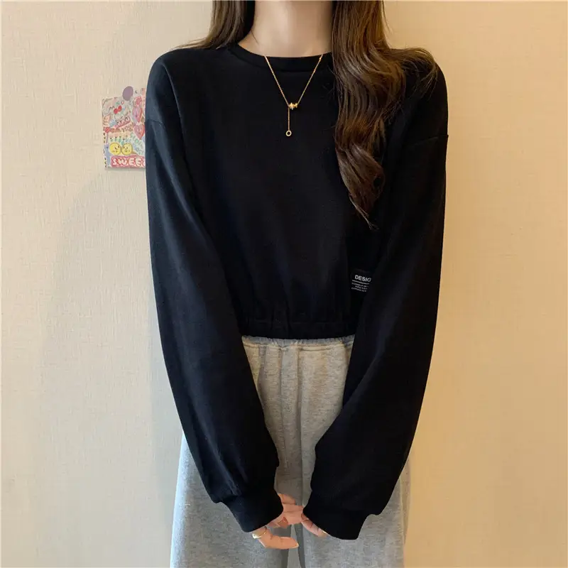 Black Long Sleeve Sweatshirt Top with Elastic Waist — feature 9