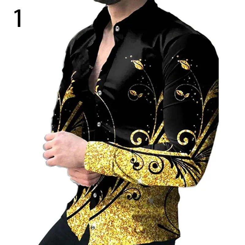 Men's Gradient Digital Printed Lapel Shirt White Black - Image 4