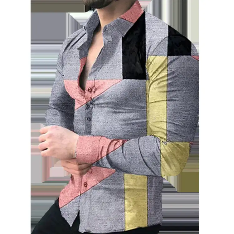Men's Gradient Digital Printed Lapel Shirt White Black - Image 10