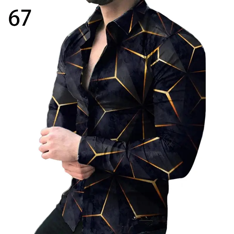 Men's Gradient Digital Printed Lapel Shirt White Black - Image 11
