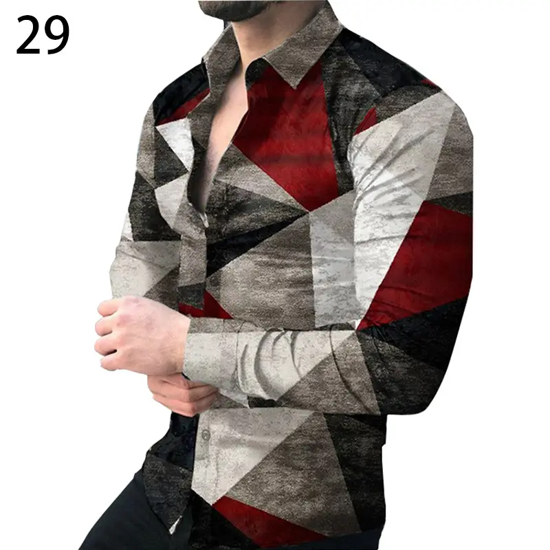 Men's Gradient Digital Printed Lapel Shirt White Black - Image 12