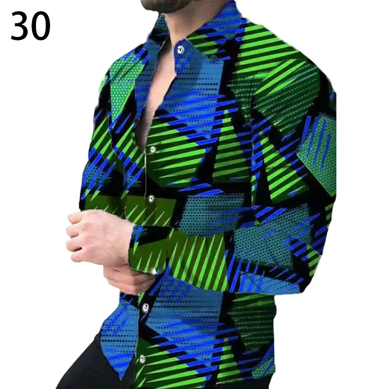 Men's Gradient Digital Printed Lapel Shirt White Black - Image 13