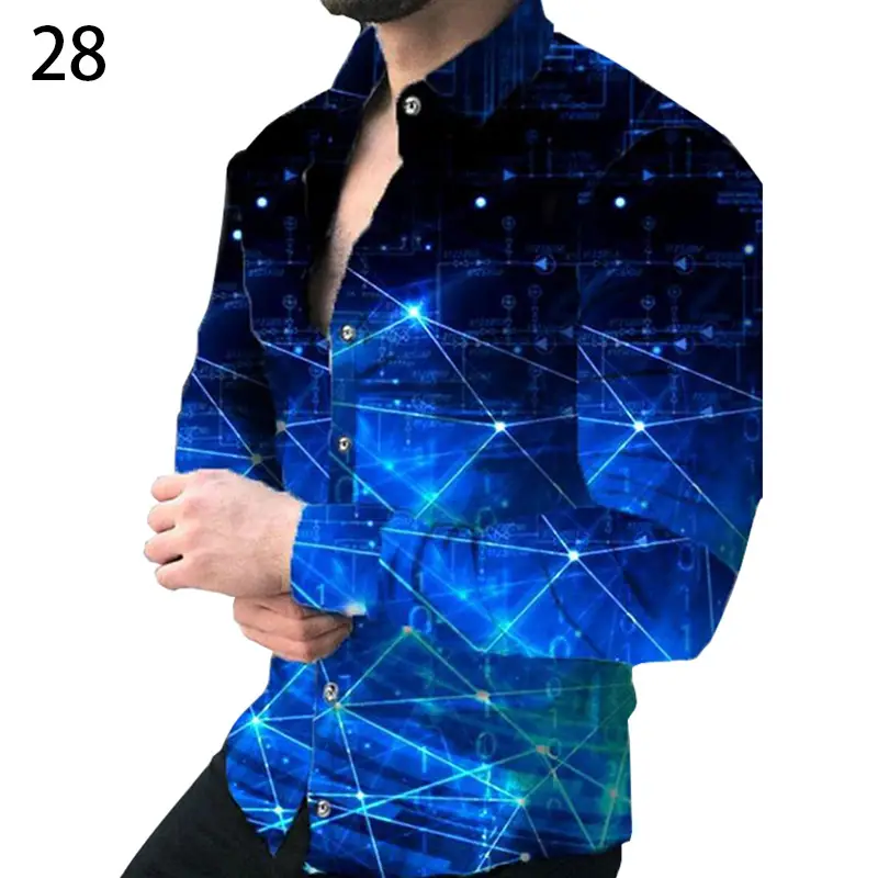 Men's Gradient Digital Printed Lapel Shirt White Black - Image 14
