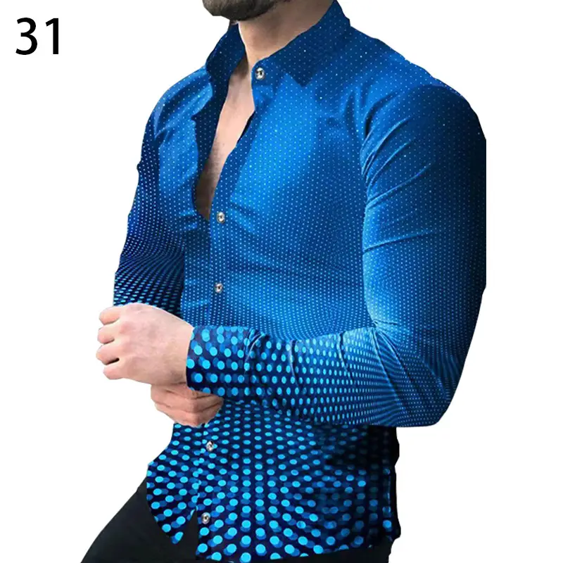 Men's Gradient Digital Printed Lapel Shirt White Black - Image 15