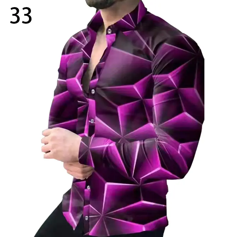 Men's Gradient Digital Printed Lapel Shirt White Black - Image 16