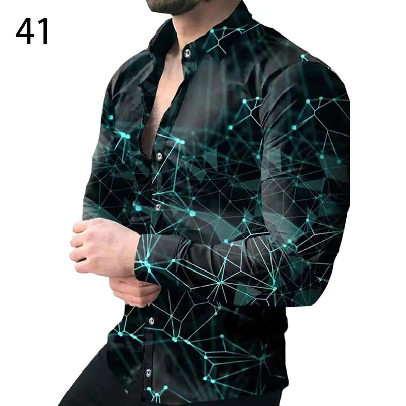 Men's Gradient Digital Printed Lapel Shirt White Black - Image 17
