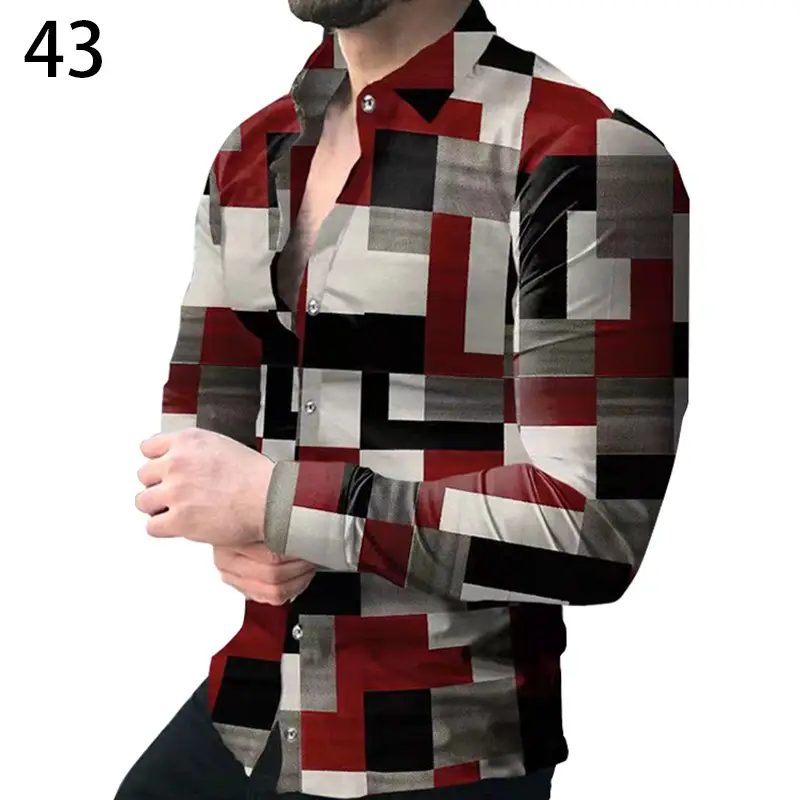 Men's Gradient Digital Printed Lapel Shirt White Black - Image 19