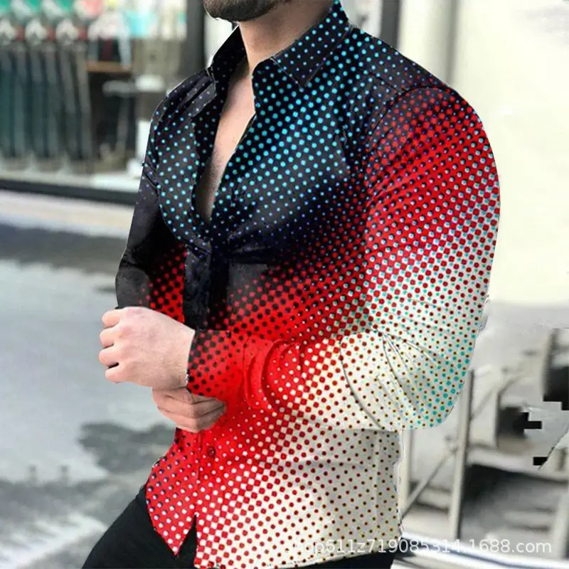 Men's Gradient Digital Printed Lapel Shirt White Black - Image 2