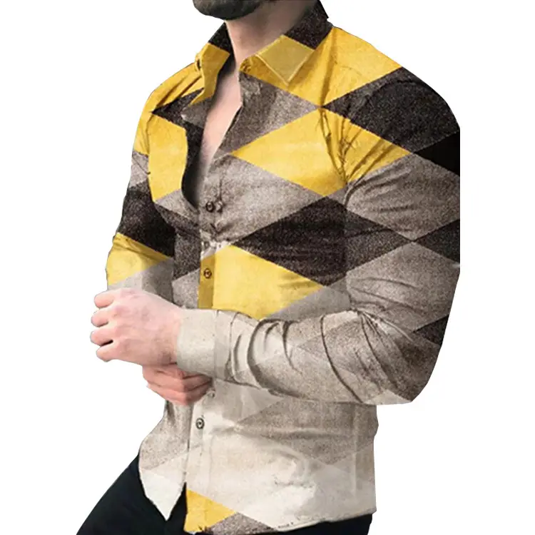 Men's Gradient Digital Printed Lapel Shirt White Black - Image 20