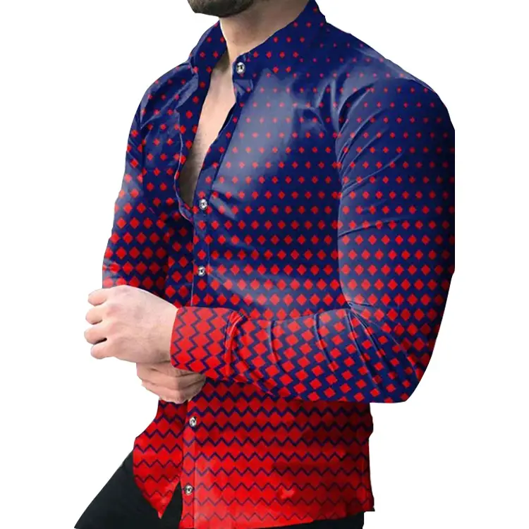 Men's Gradient Digital Printed Lapel Shirt White Black - Image 21