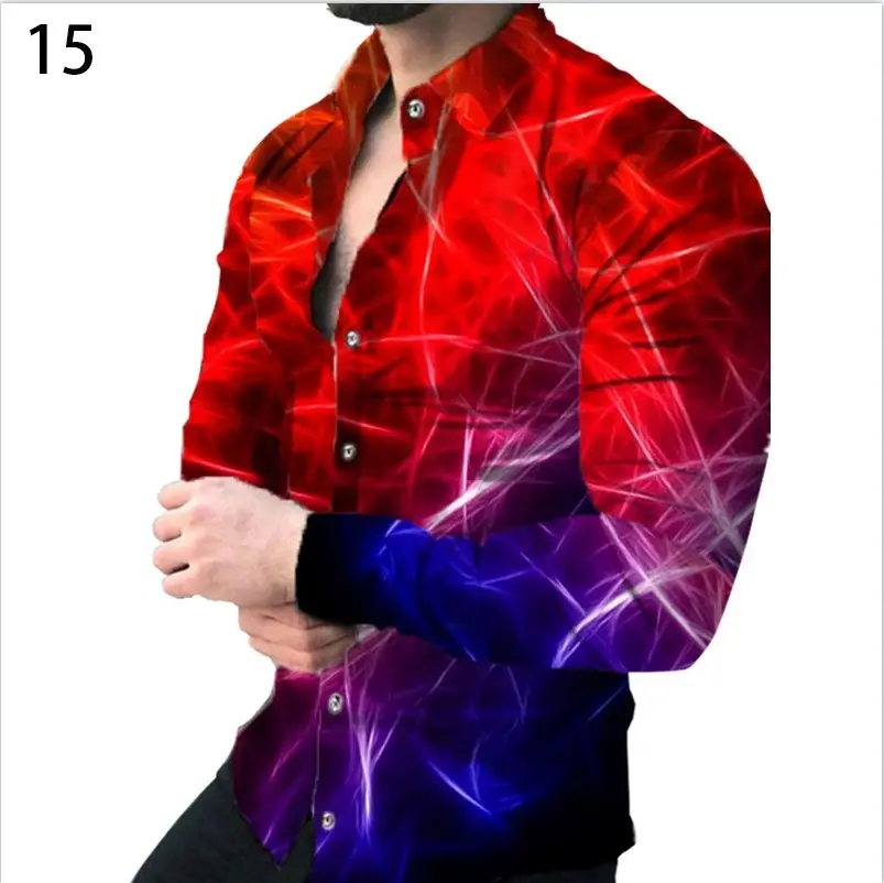 Men's Gradient Digital Printed Lapel Shirt White Black - Image 22