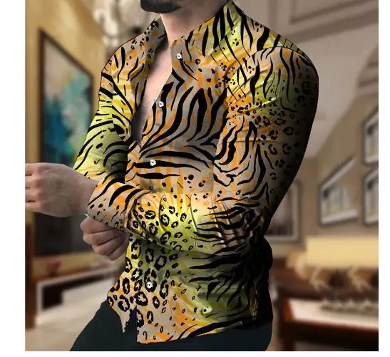 Men's Gradient Digital Printed Lapel Shirt White Black - Image 23