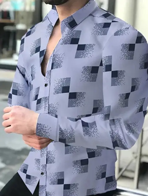 Men's Gradient Digital Printed Lapel Shirt White Black - Image 25