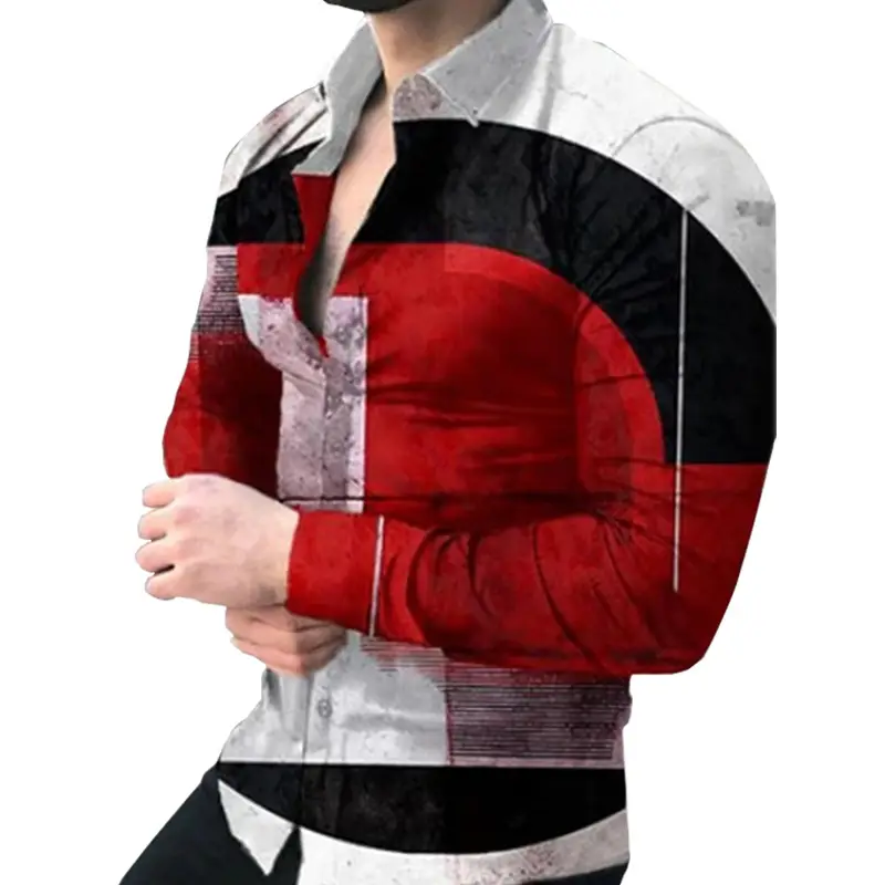 Men's Gradient Digital Printed Lapel Shirt White Black - Image 26
