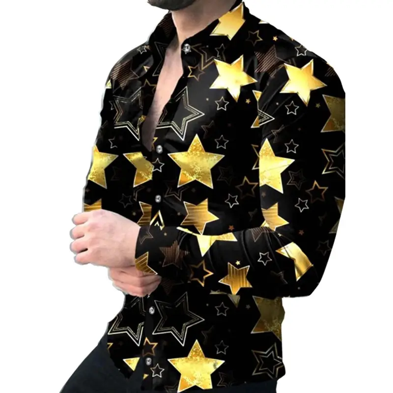 Men's Gradient Digital Printed Lapel Shirt White Black - Image 27