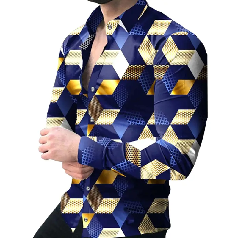 Men's Gradient Digital Printed Lapel Shirt White Black - Image 28