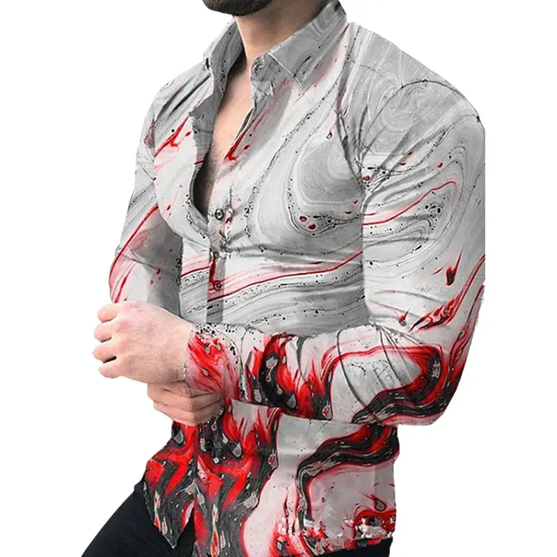 Men's Gradient Digital Printed Lapel Shirt White Black - Image 29