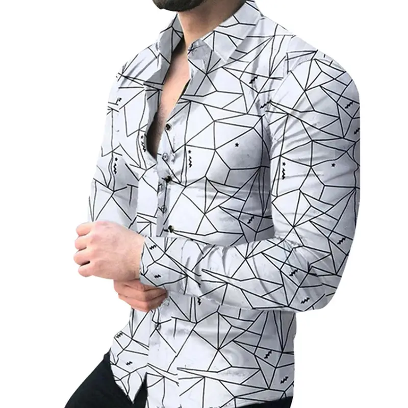 Men's Gradient Digital Printed Lapel Shirt White Black - Image 30